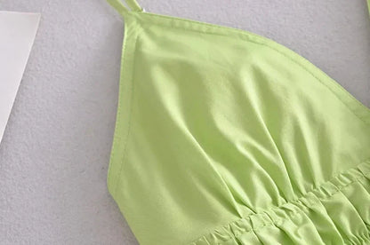 Foridol Elastic Smocking Green Cotton V Neck Summer Women&