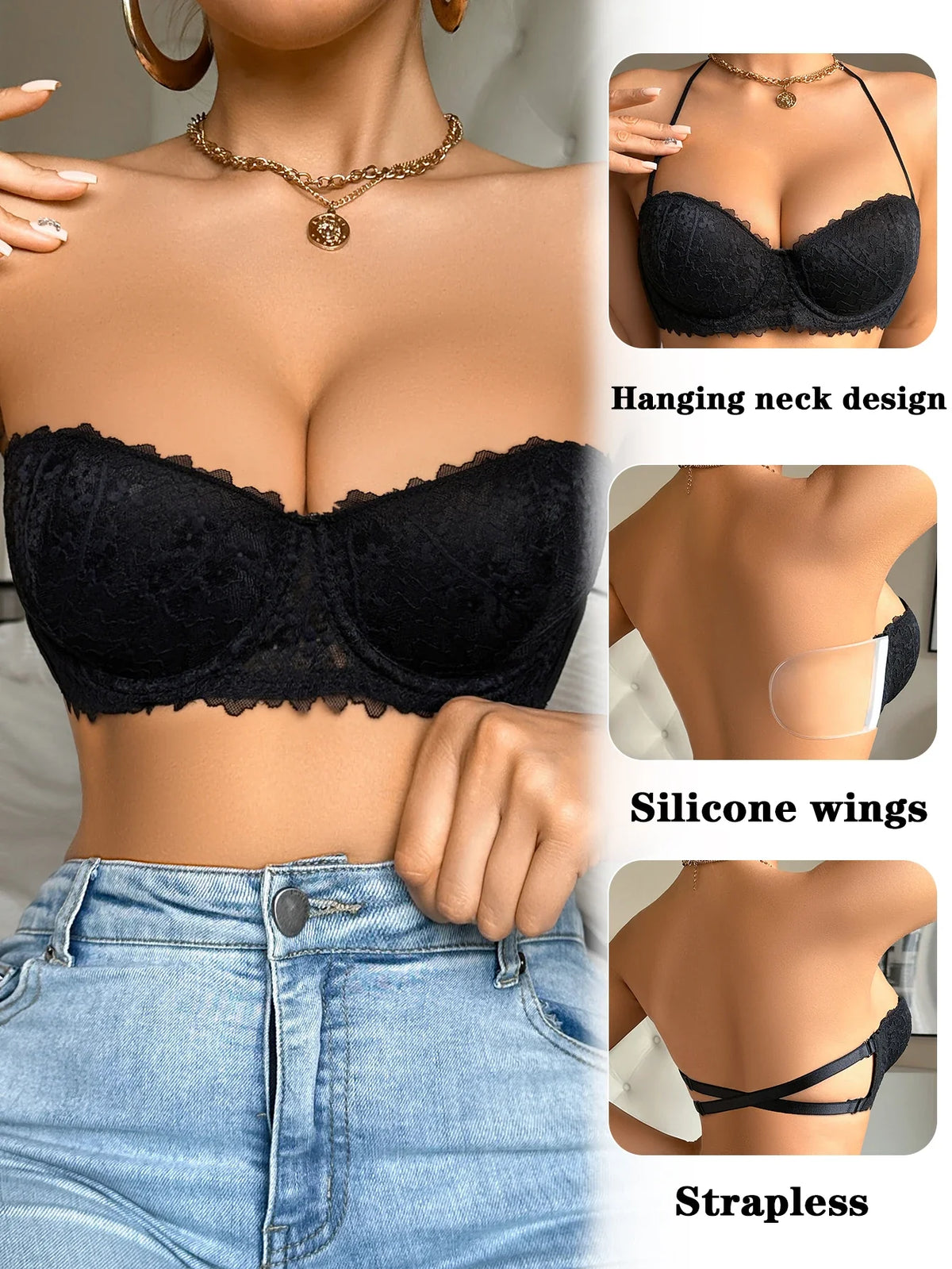 Silicone Pads Strapless Solid Color Sexy Lace Bras Fashionable Outfits Push up Detachable Straps Women&