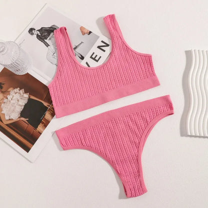 Women Knit Seamless Bra And Panties Set Tank Style Bralette Without Padding Low Rise Thong U-Neck Wide Strap Lingerie Set M-L