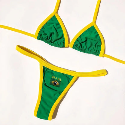 Solid color sexy embroidered Brazilian flag bikini set, women&