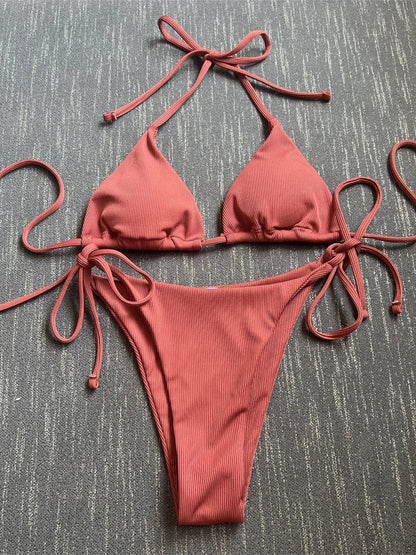 Sexy Brown Bikini 2026 Women Solid Red Halter Push Up Bra Tie Side Triangle Swimsuit Summer Bathing Suit Lace Up Micro Swimwear