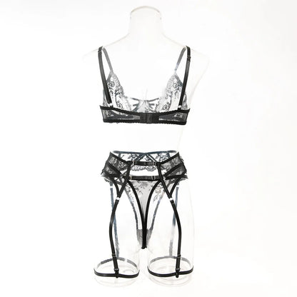 Embroidery Lingerie 3Pcs Sets Ultrathin Mesh Patchwork See Through Bras And Thongs Garter Suits Erotic Intimate Sexy Underwear