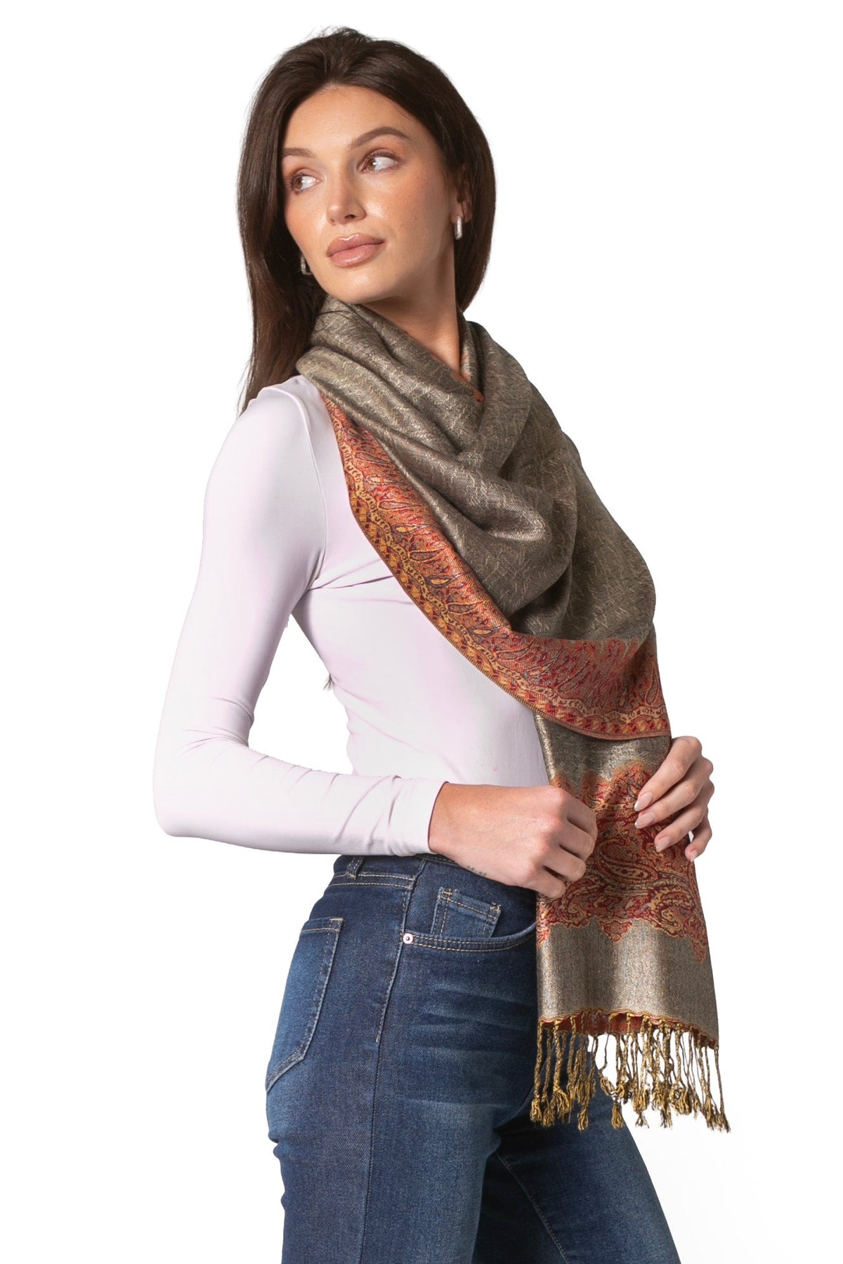 Sakkas 70" x 28" Border Pattern Layered Woven Pashmina Shawl Scarf Wrap Stole