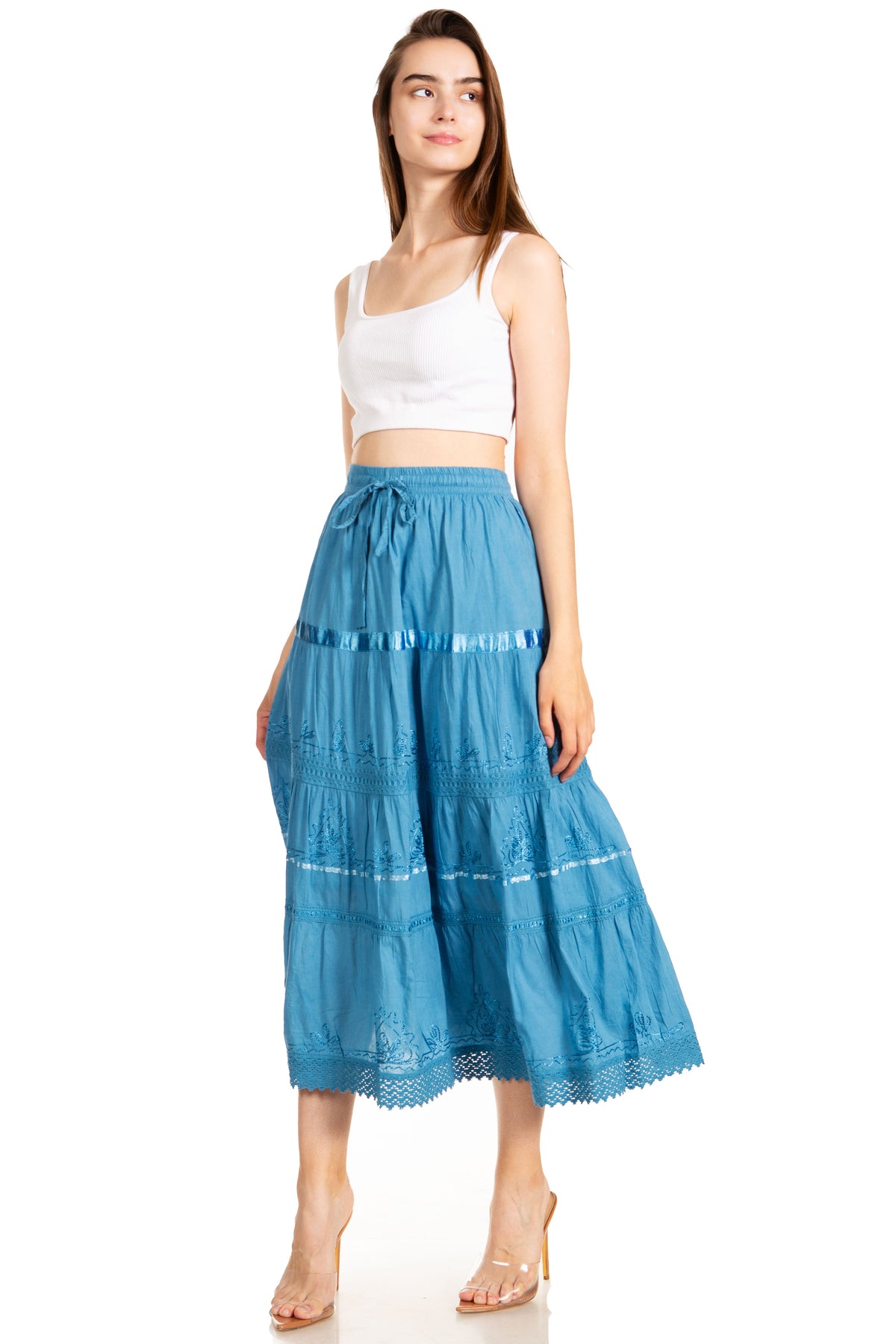 Sakkas Solid Embroidered Gypsy / Bohemian Mid Length Cotton Skirt