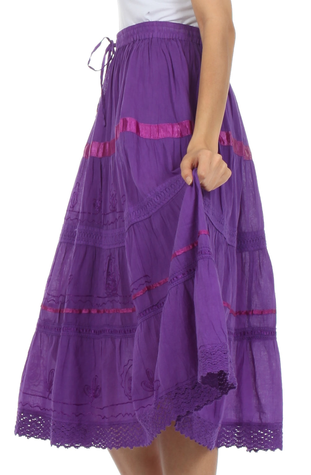 Sakkas Solid Embroidered Gypsy / Bohemian Mid Length Cotton Skirt