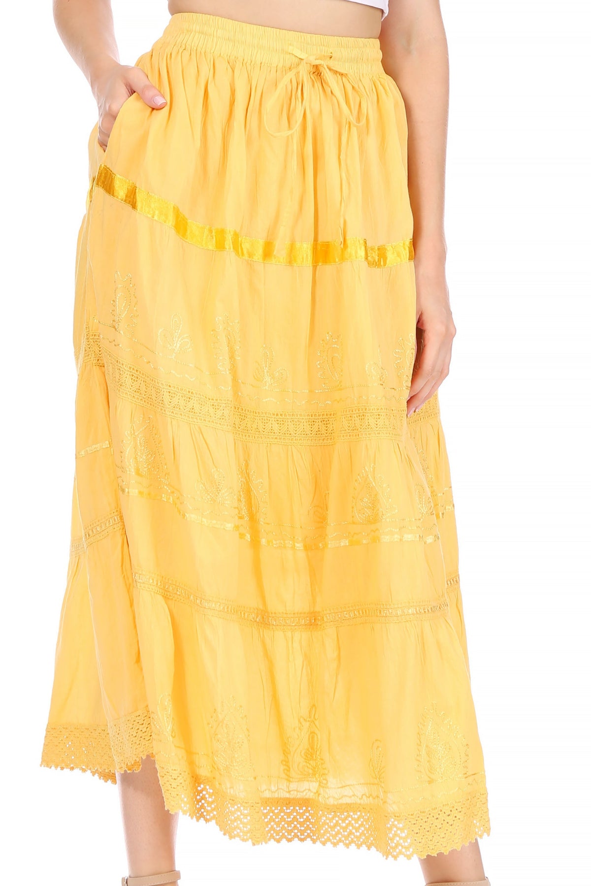 Sakkas Solid Embroidered Gypsy / Bohemian Mid Length Cotton Skirt