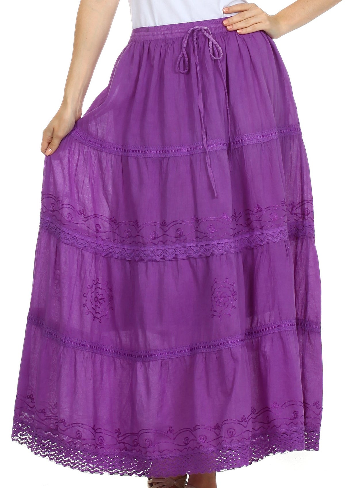 Sakkas Solid Embroidered Crochet Lace Trim Gypsy Bohemian Mid Length Cotton Skirt