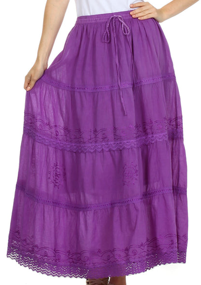 Sakkas Solid Embroidered Crochet Lace Trim Gypsy Bohemian Mid Length Cotton Skirt