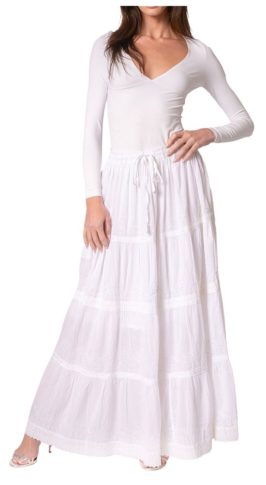 Sakkas Solid Embroidered Crochet Lace Trim Gypsy Bohemian Mid Length Cotton Skirt