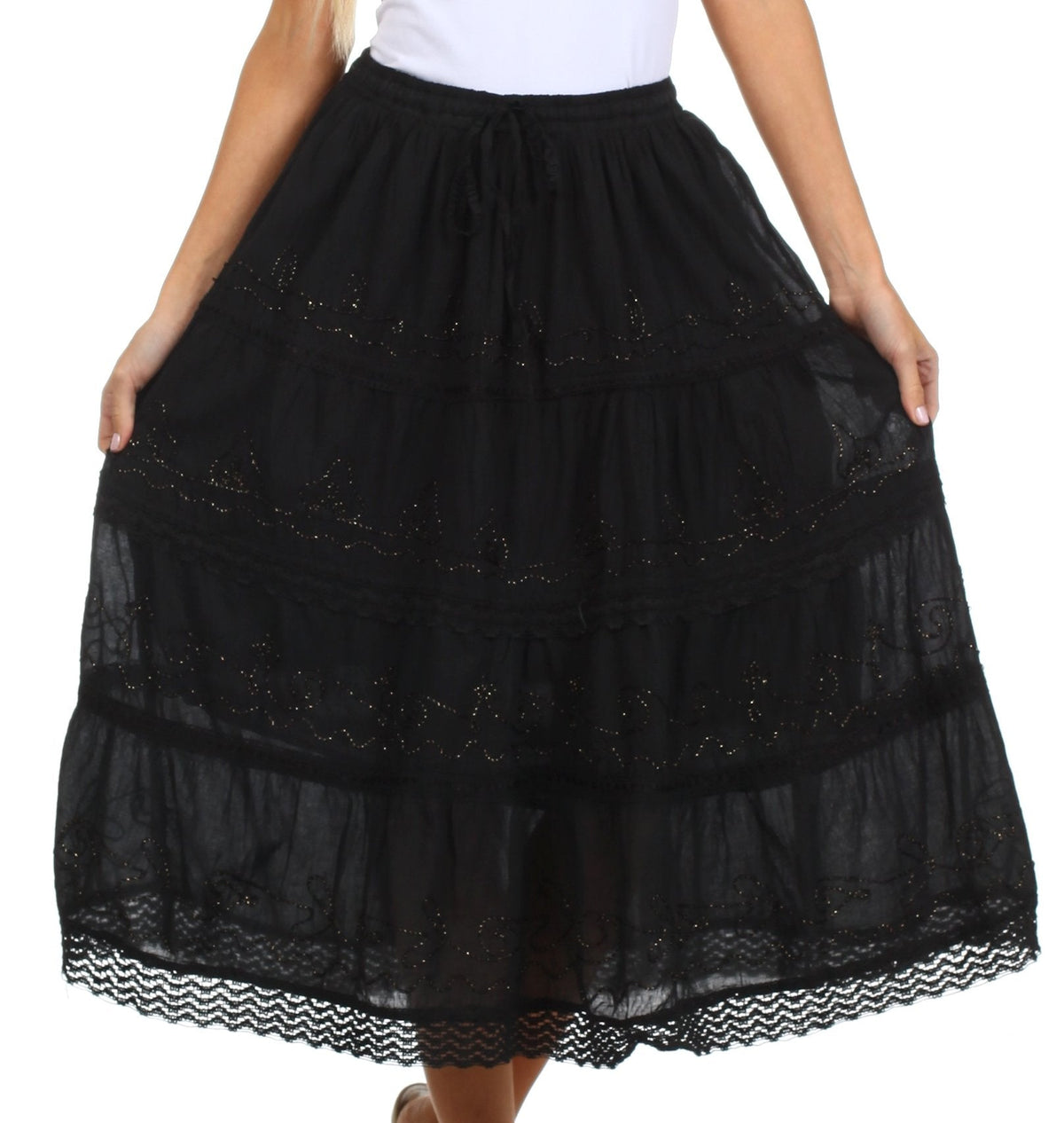 Sakkas Solid Embroidered Crochet Lace Trim Gypsy Bohemian Mid Length Cotton Skirt