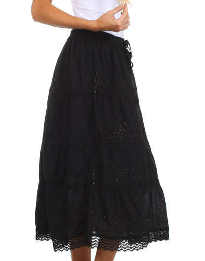 Sakkas Solid Embroidered Crochet Lace Trim Gypsy Bohemian Mid Length Cotton Skirt
