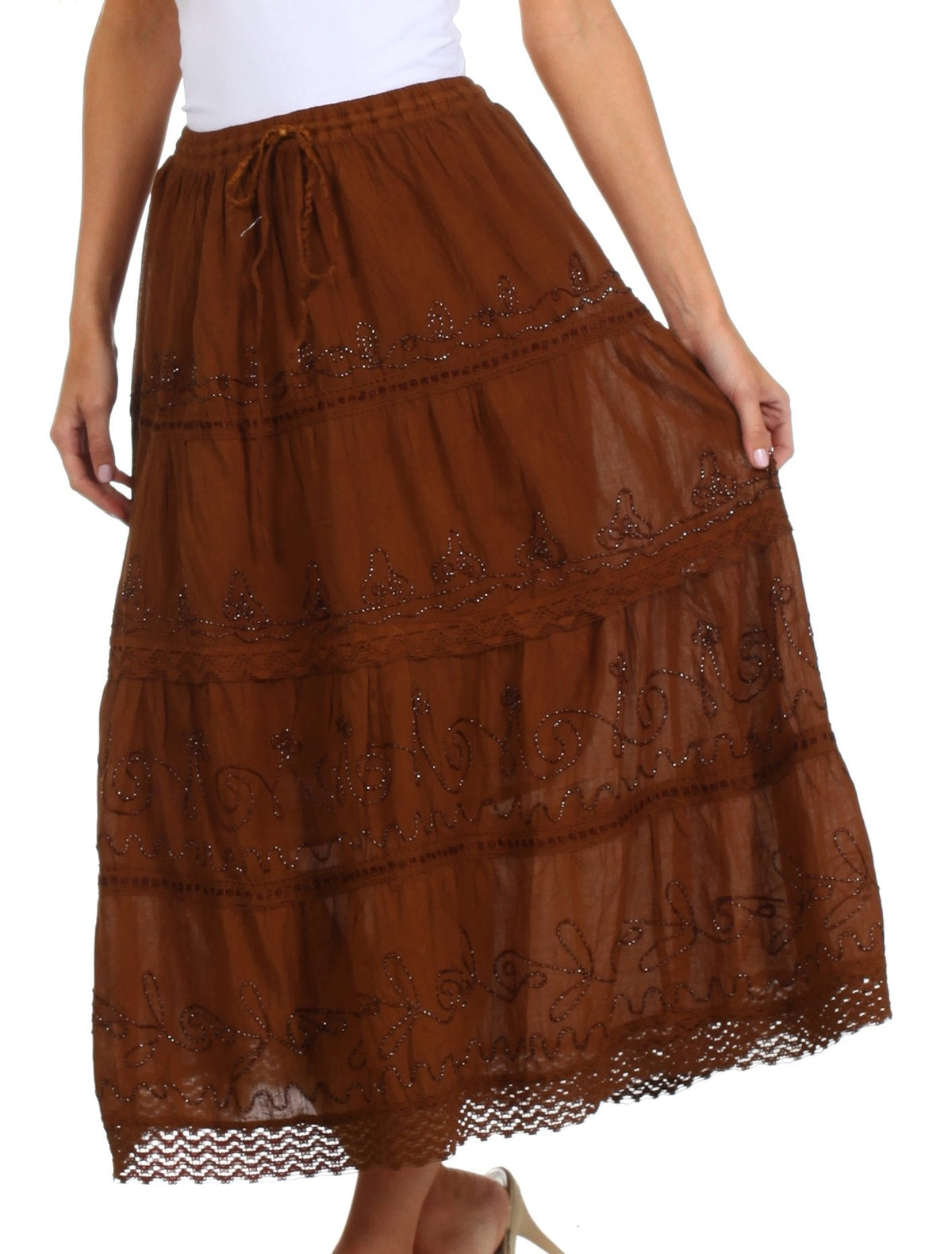 Sakkas Solid Embroidered Crochet Lace Trim Gypsy Bohemian Mid Length Cotton Skirt