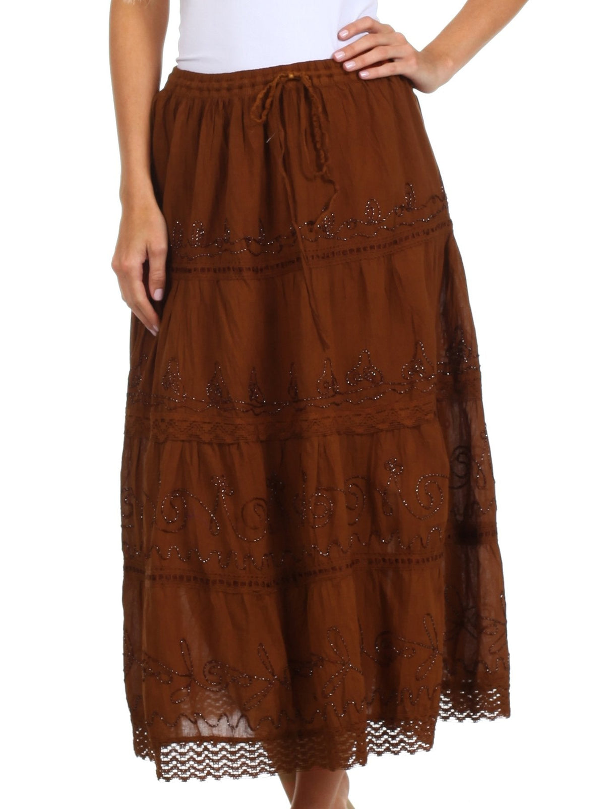 Sakkas Solid Embroidered Crochet Lace Trim Gypsy Bohemian Mid Length Cotton Skirt