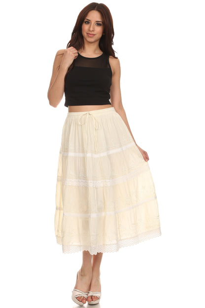 Sakkas Solid Embroidered Crochet Lace Trim Gypsy Bohemian Mid Length Cotton Skirt