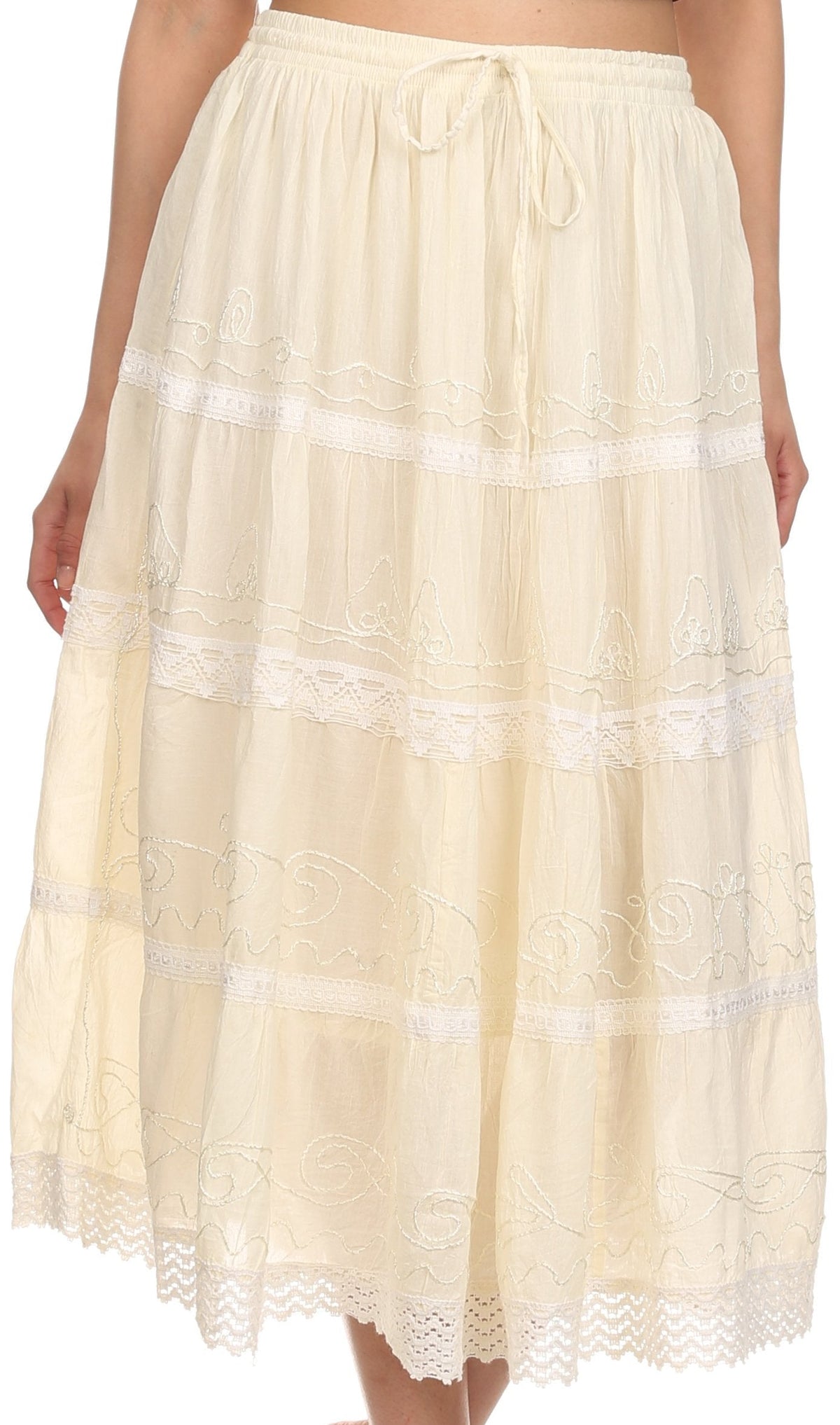 Sakkas Solid Embroidered Crochet Lace Trim Gypsy Bohemian Mid Length Cotton Skirt
