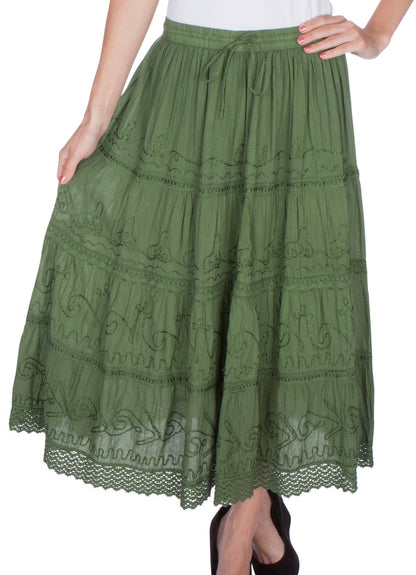 Sakkas Solid Embroidered Crochet Lace Trim Gypsy Bohemian Mid Length Cotton Skirt