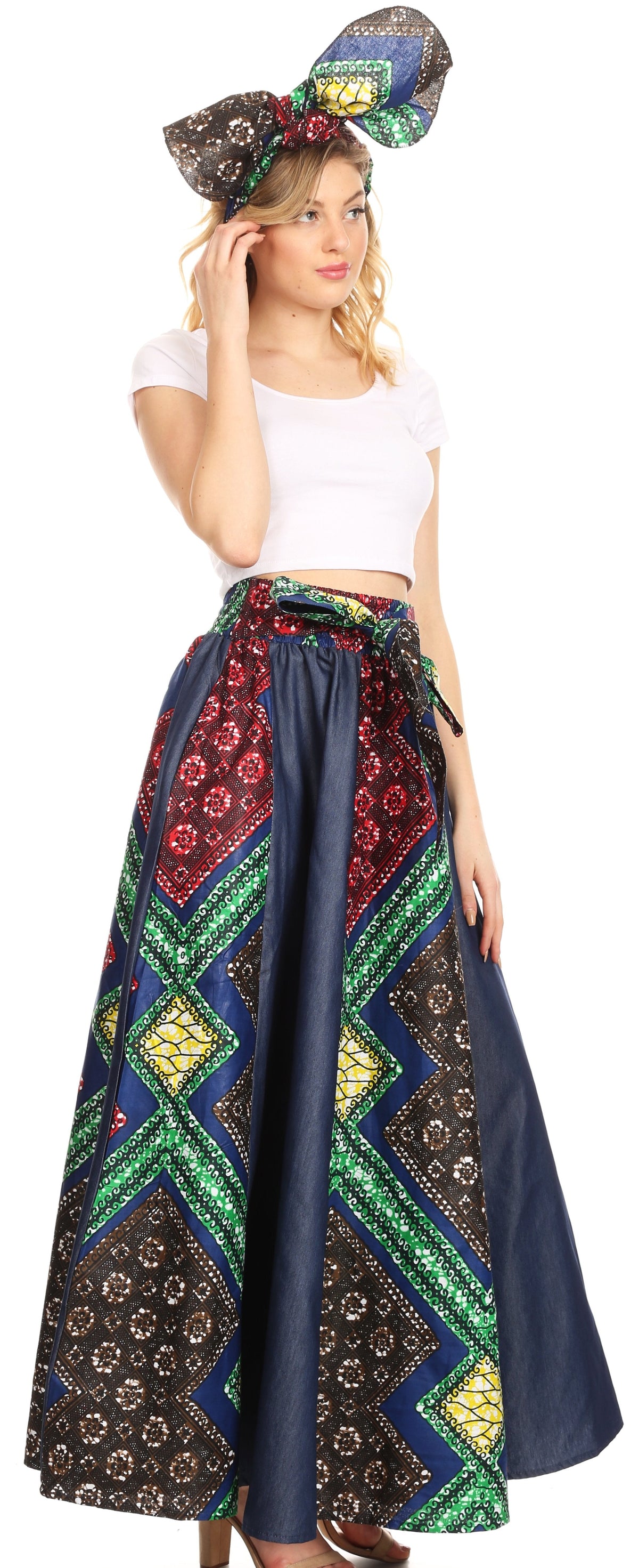 Sakkas Monifa Long Maxi Skirt Colorful Ankara Wax Dutch African Skirt Gorgeous