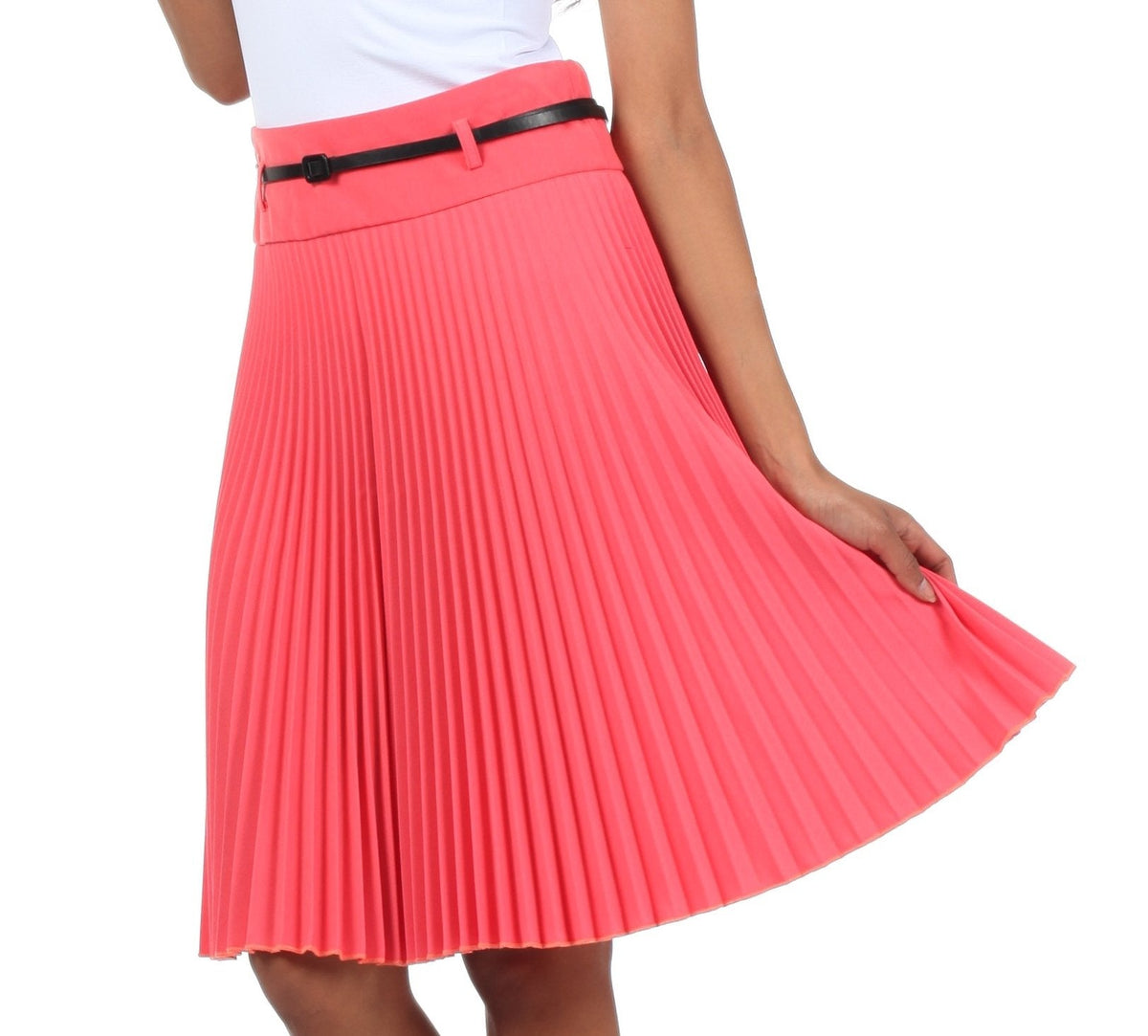 Sakkas Knee Length Pleated A-Line Skirt with Skinny Belt
