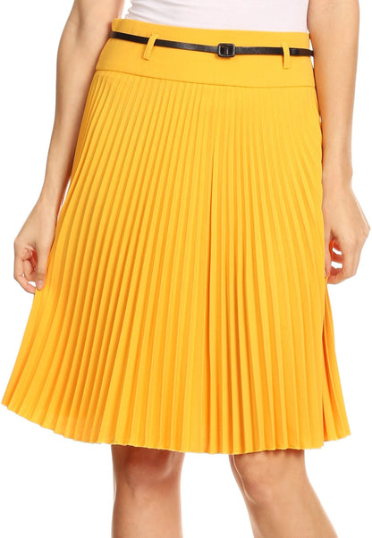 Sakkas Knee Length Pleated A-Line Skirt with Skinny Belt