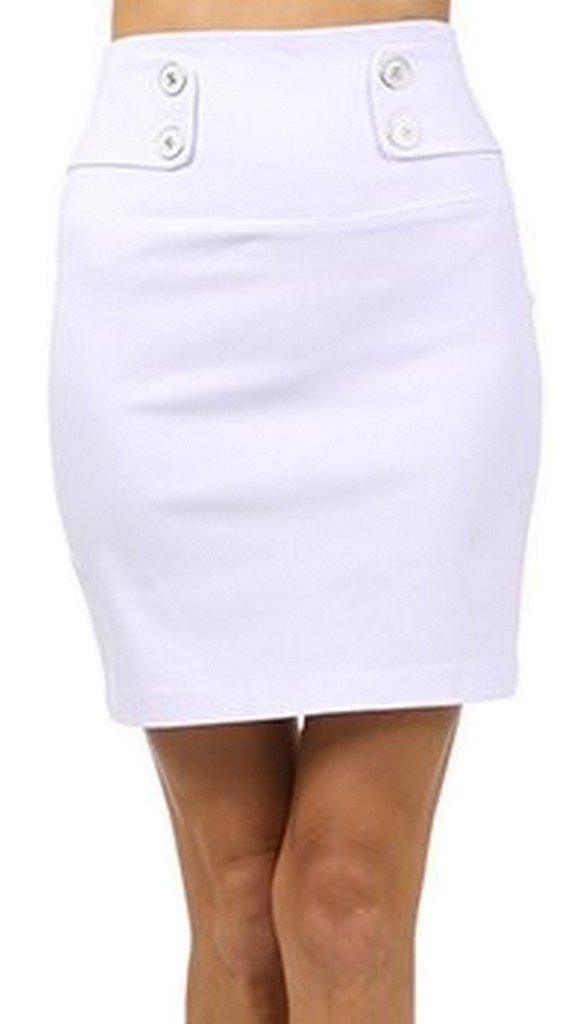 High Waist Stretch Pencil Skirt with Button Detail