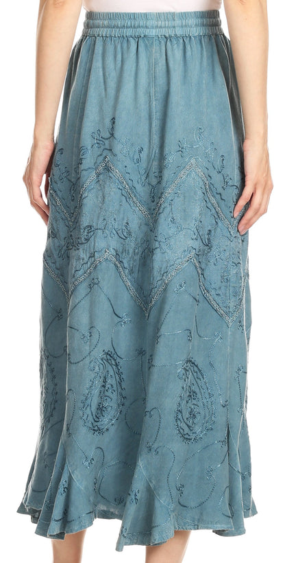 Sakkas Evelyn Womens Stonewashed Maxi Ruffle Skirt with Elastic Waist &amp; Embroidery