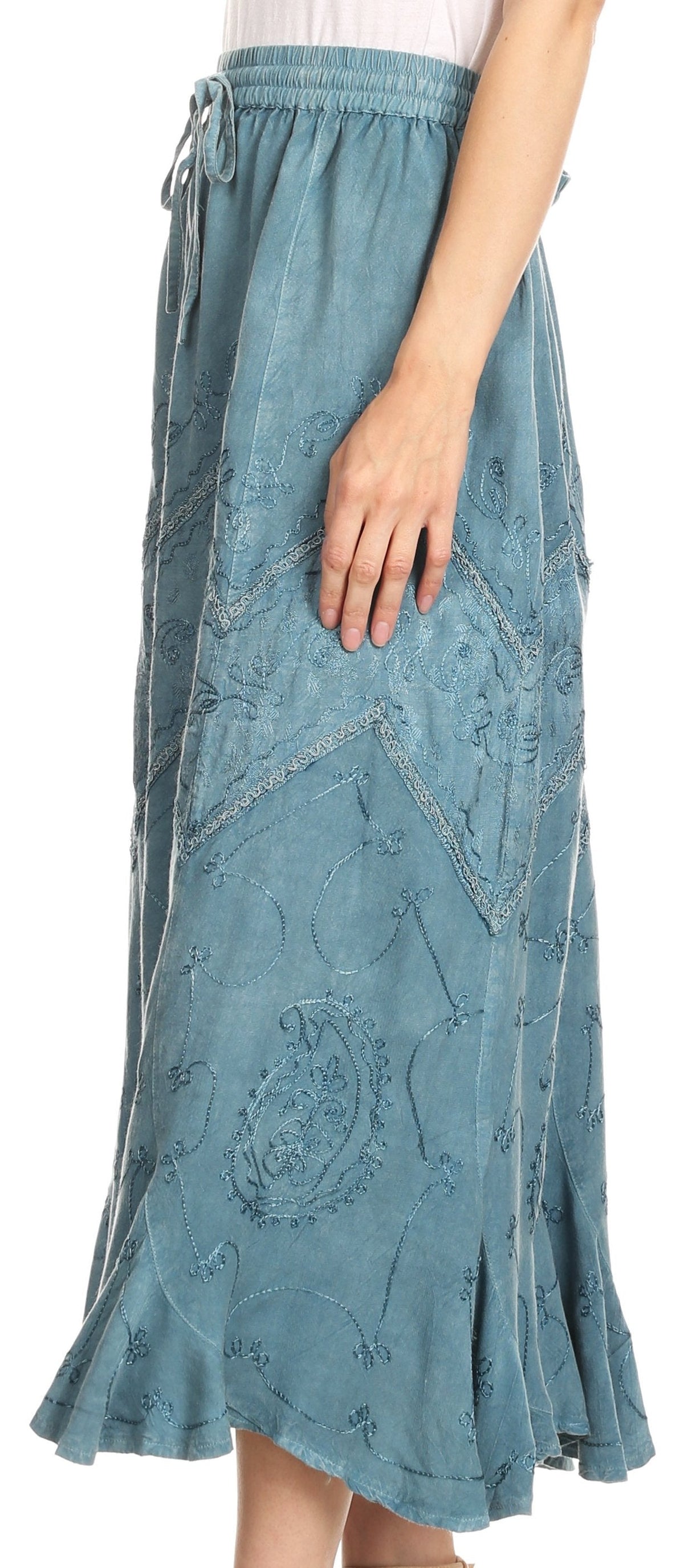 Sakkas Evelyn Womens Stonewashed Maxi Ruffle Skirt with Elastic Waist &amp; Embroidery