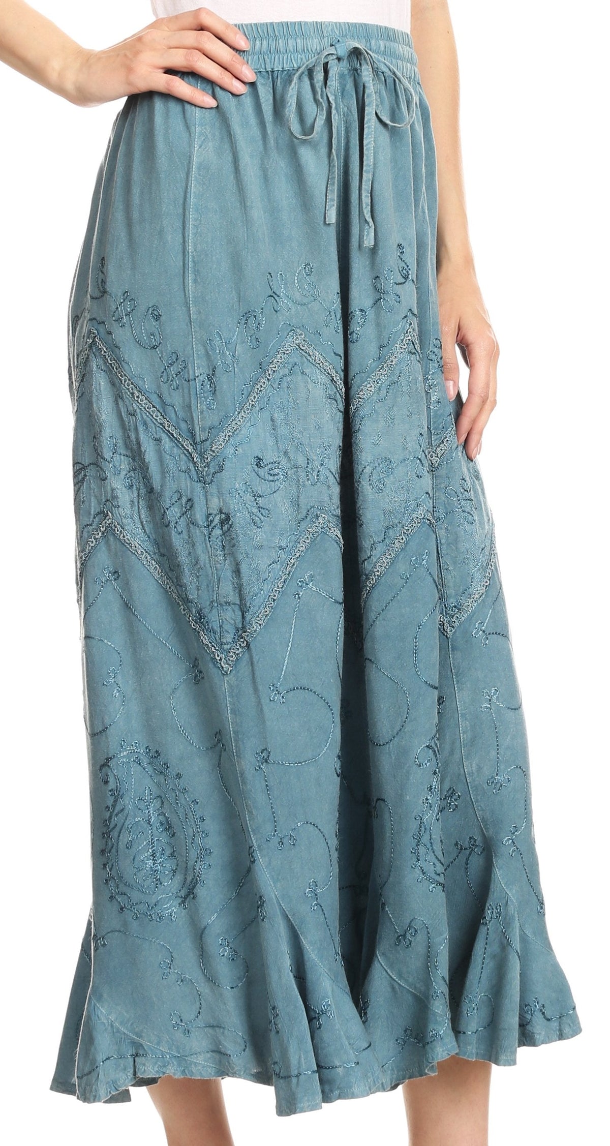 Sakkas Evelyn Womens Stonewashed Maxi Ruffle Skirt with Elastic Waist &amp; Embroidery