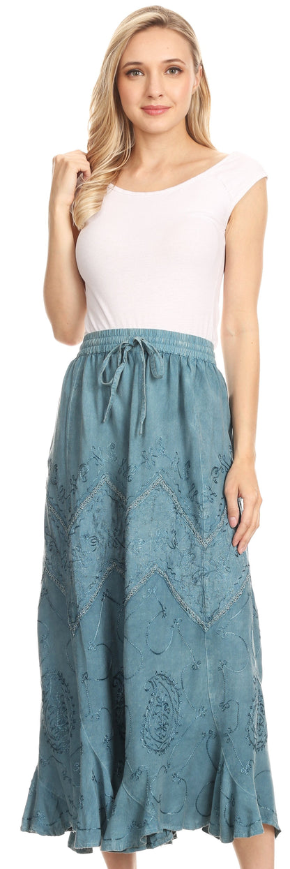 Sakkas Evelyn Womens Stonewashed Maxi Ruffle Skirt with Elastic Waist &amp; Embroidery