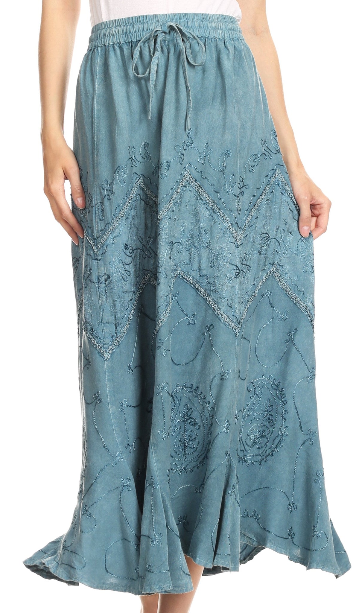 Sakkas Evelyn Womens Stonewashed Maxi Ruffle Skirt with Elastic Waist &amp; Embroidery