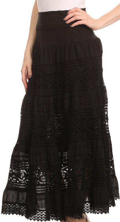 Sakkas Gracie Crochet Lace Tiered Long Cotton Skirt with Fold-Over Waistband