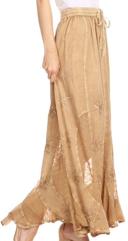 Sakkas Aleja Womens Bohemian Gypsy Maxi Long Skirt Adjustable Elastic Waist Lace