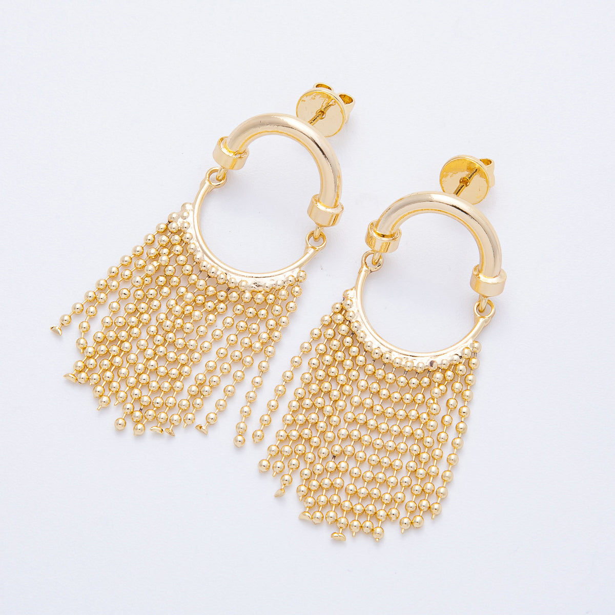 18K Gold Filled 45mm Bead Ball Chain Tassel Geometric Drop Stud Earrings | T066