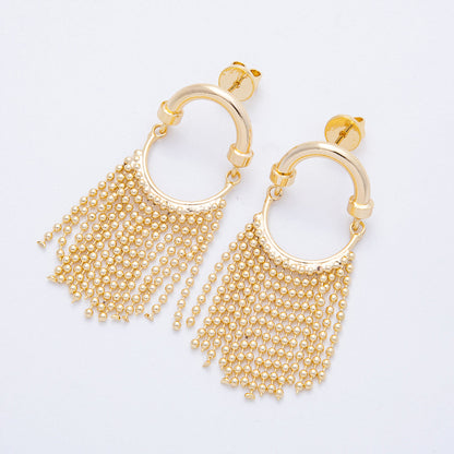 18K Gold Filled 45mm Bead Ball Chain Tassel Geometric Drop Stud Earrings | T066