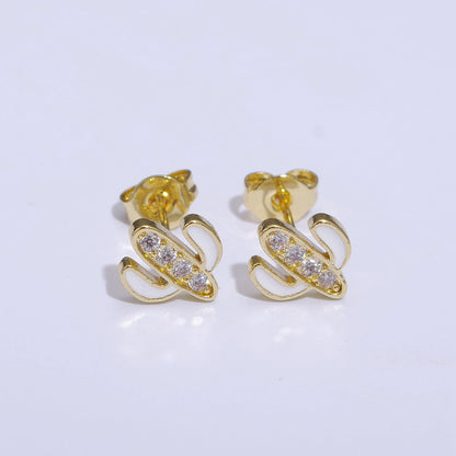 Green, Pink, Red, White Blue Enamel Micro Paved CZ Succulent Cactus Plant Desert Mini Stud Earrings | T145 - T149