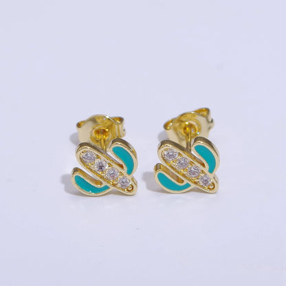Green, Pink, Red, White Blue Enamel Micro Paved CZ Succulent Cactus Plant Desert Mini Stud Earrings | T145 - T149