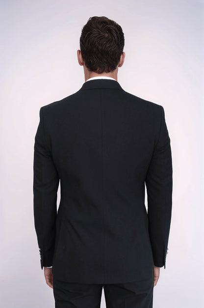 Modern Fit Double-Breasted Black Men’s Suit with Silver-Tone Metal Buttons – Wessi