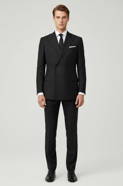Striped Wide Collar Black Men Double-Breasted Suit - Wessi
