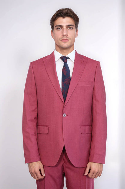 2 Piece Patterned Slim Fit Magenta Men Suit - Wessi