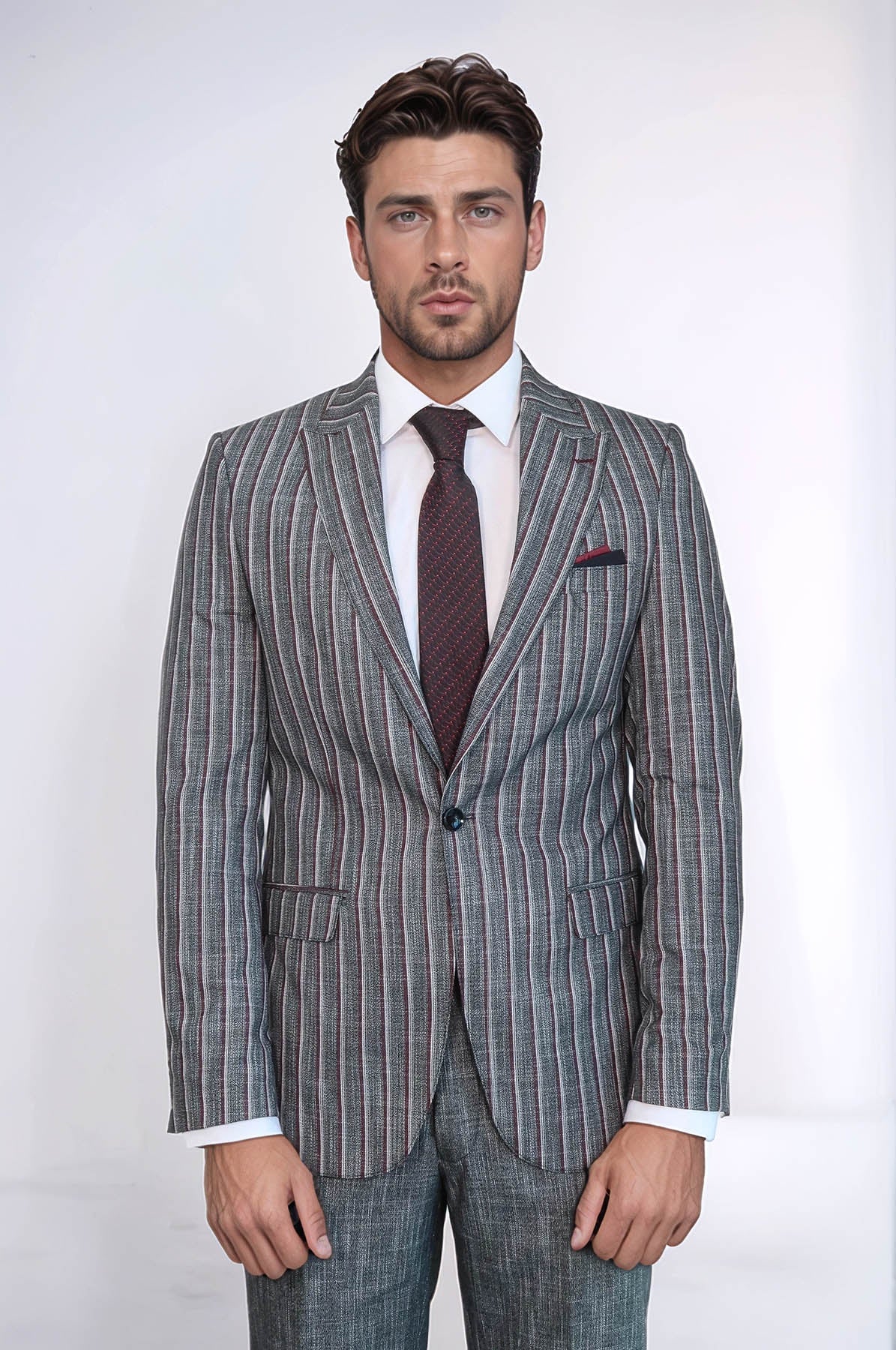 Striped Two Piece Grey Men Suit - Wessi