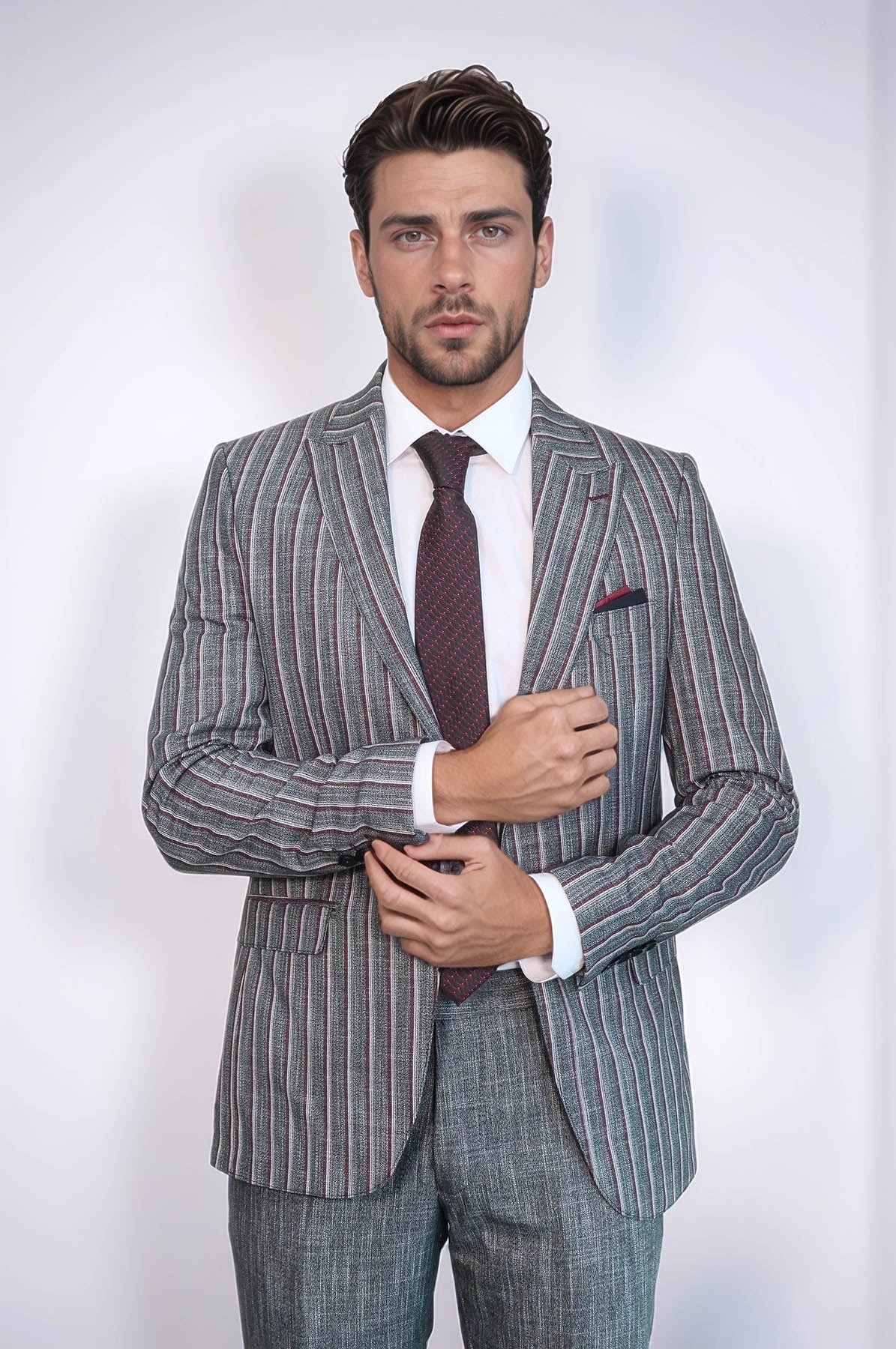 Striped Two Piece Grey Men Suit - Wessi