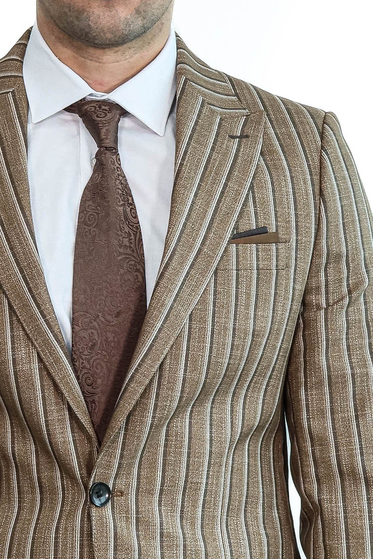 Striped Blazer Plain Pants Light Brown Men Suit - Wessi