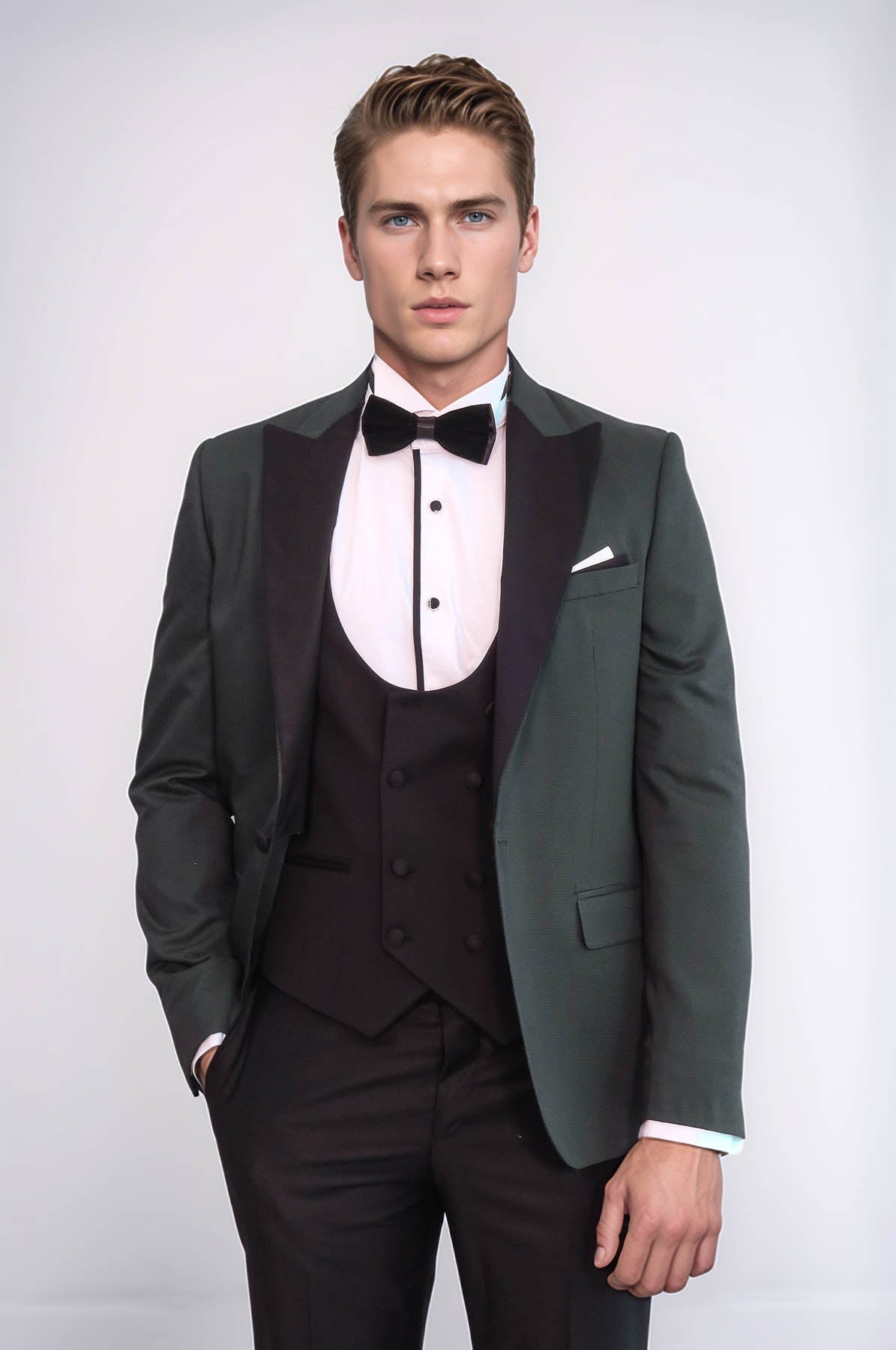 Dot Patterned Dark Green Men Tuxedo - Wessi