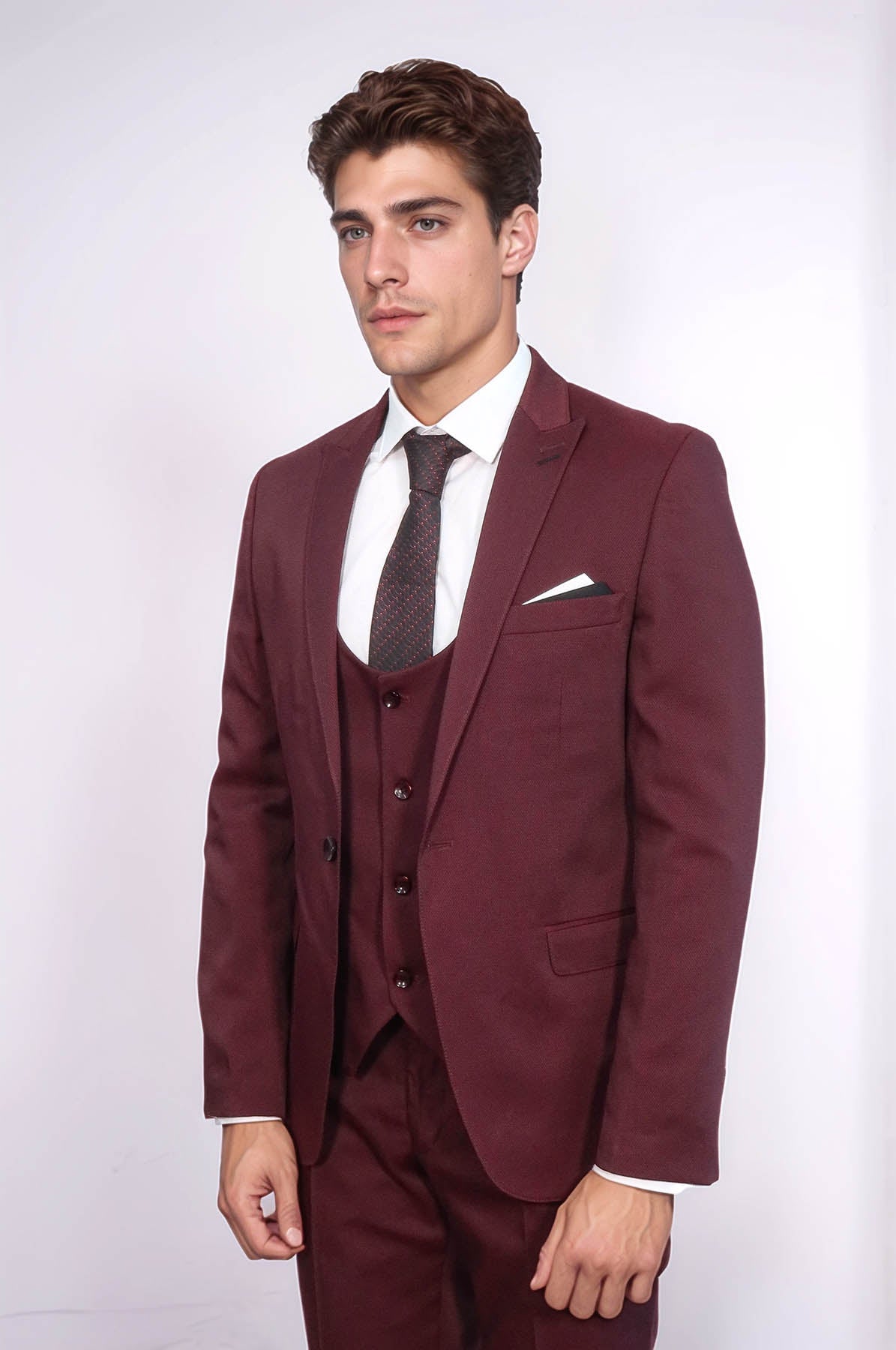 Patterned Claret Red Vested Suit- Wessi