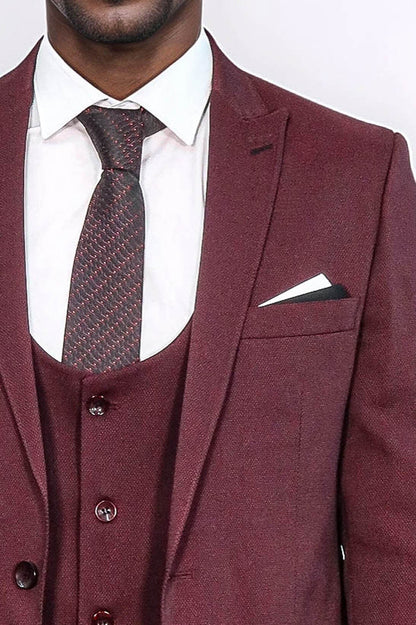 Patterned Claret Red Vested Suit- Wessi