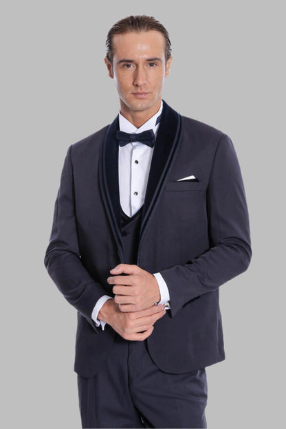 Detachable Velvet Lapel Navy Blue Tuxedo - Wessi