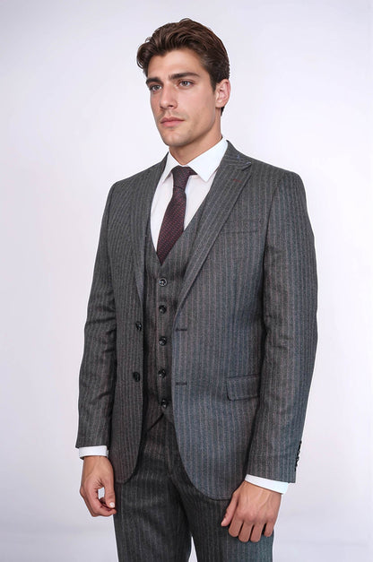 Striped Black Vested Suit - Wessi