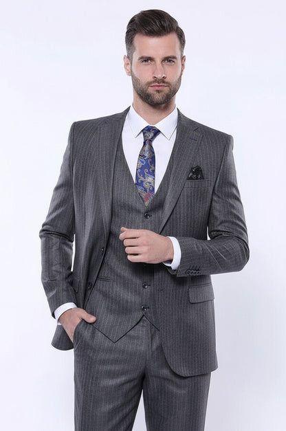 Striped Grey Vested Suit | Wessi - Wessi