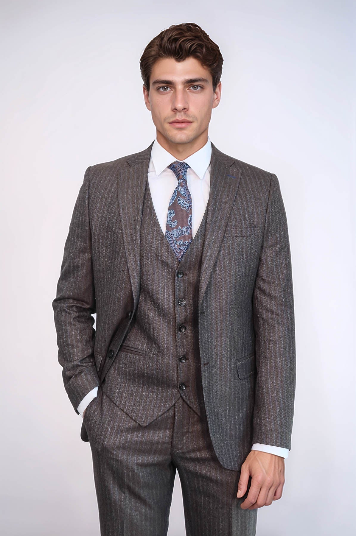 Striped Brown Vested Suit | Wessi
