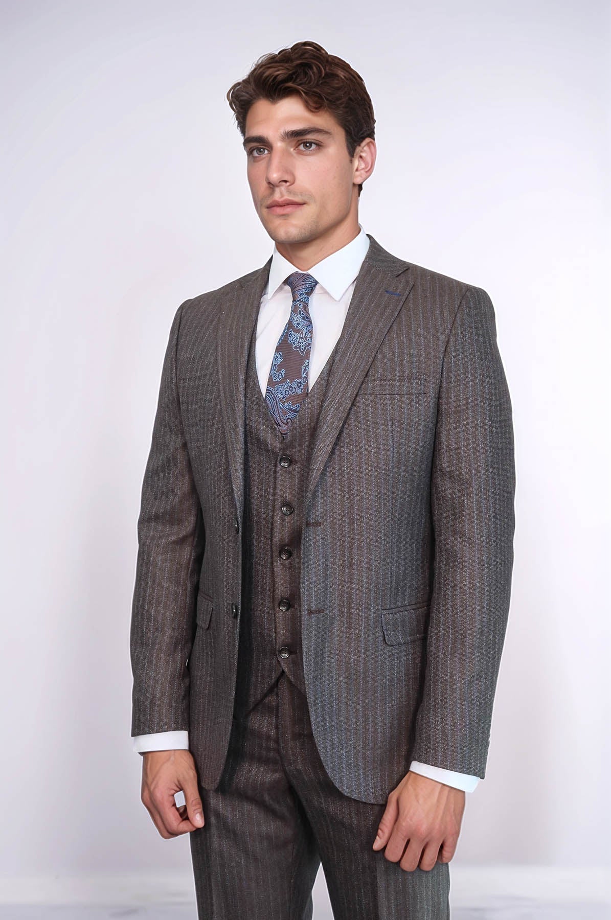 Striped Brown Vested Suit | Wessi