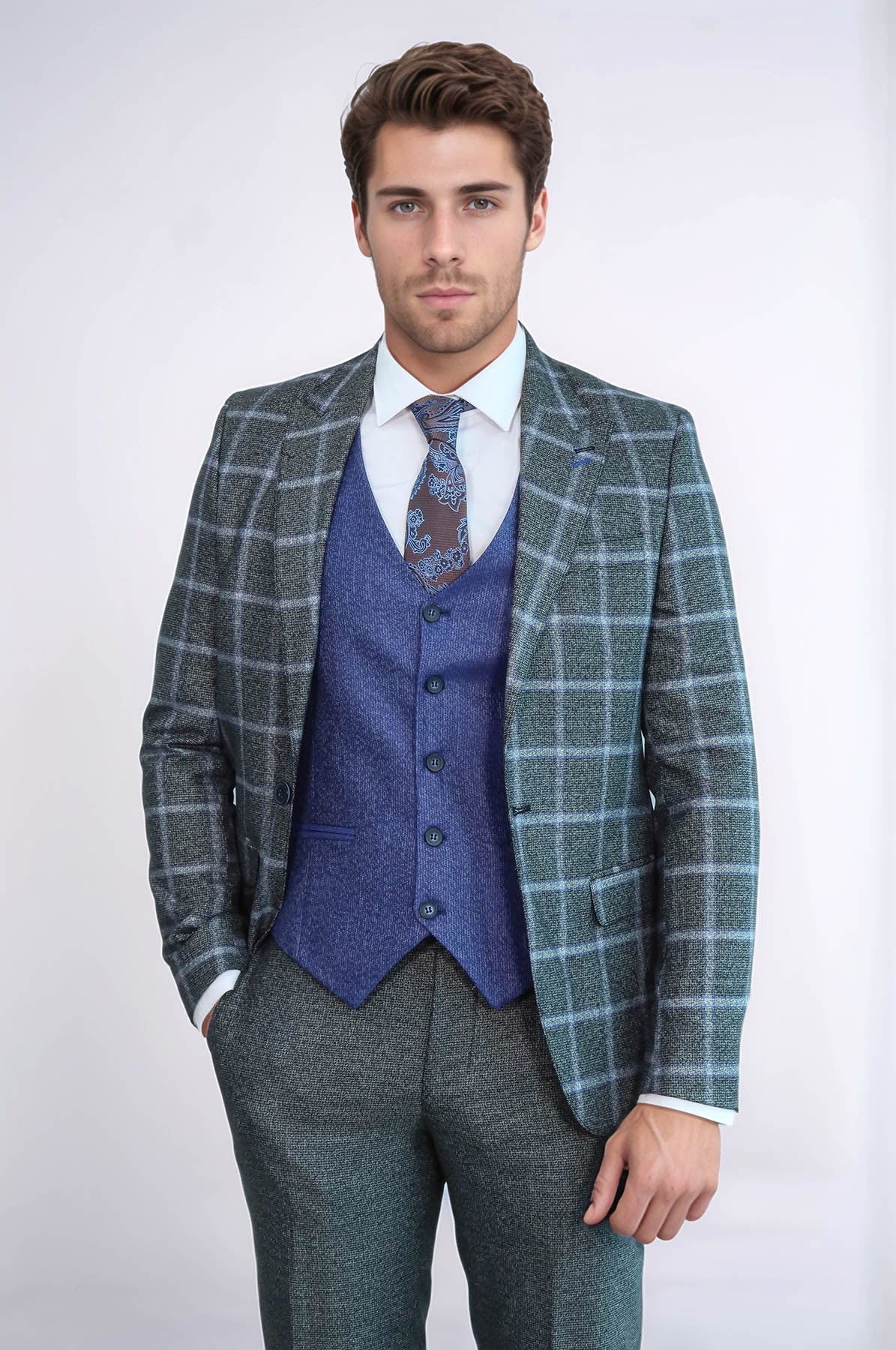Grey Blue Checked Suit - Wessi